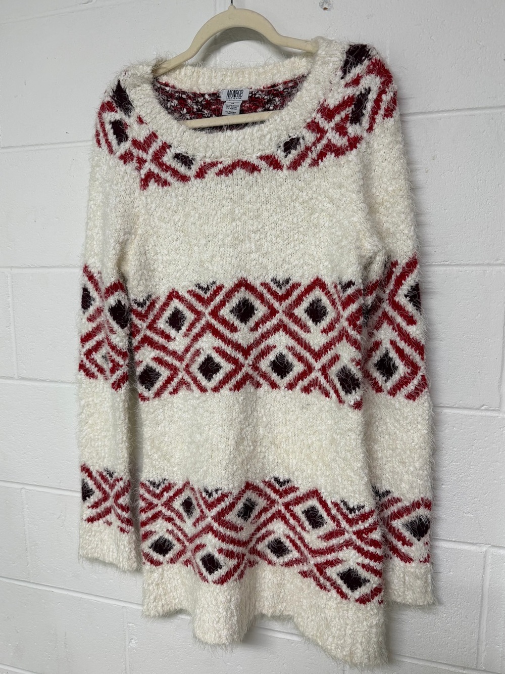 Monroe & Main Cream Sweater Dress with Red & Black Fair Isle Bands